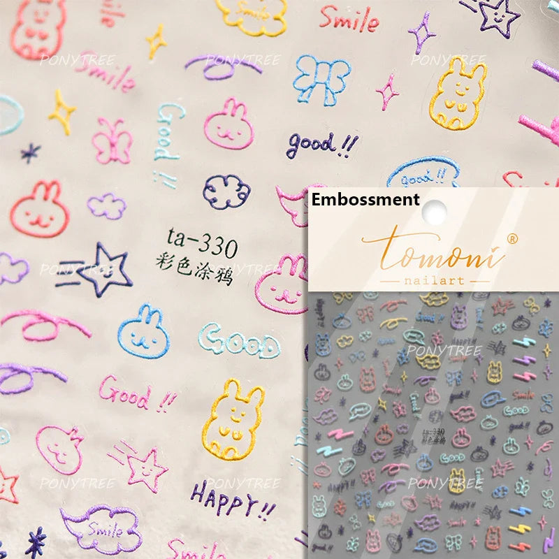 Flower Star Sun Grid Line Interesting Graffiti Tulip Cherry Apple Fruit Dot Painting Adhesive Nail Art Stickers Manicure Decals (ONLINE ORDER ONLY)