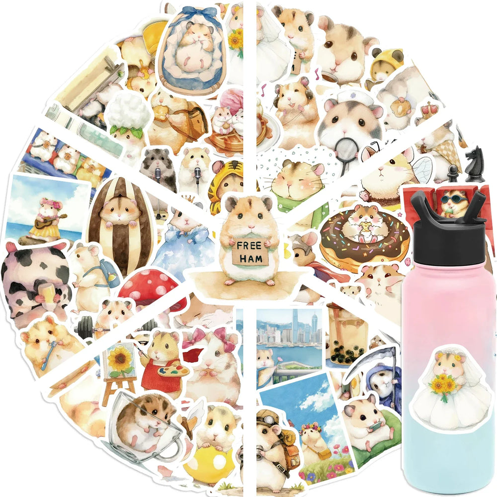 55pcs Hello Cute Hamster Stickers Suitcase Skateboard Guitar DIY Laptop Waterproof Sticker Aesthetic PVC School Stationery ﻿ (Online Order Only)