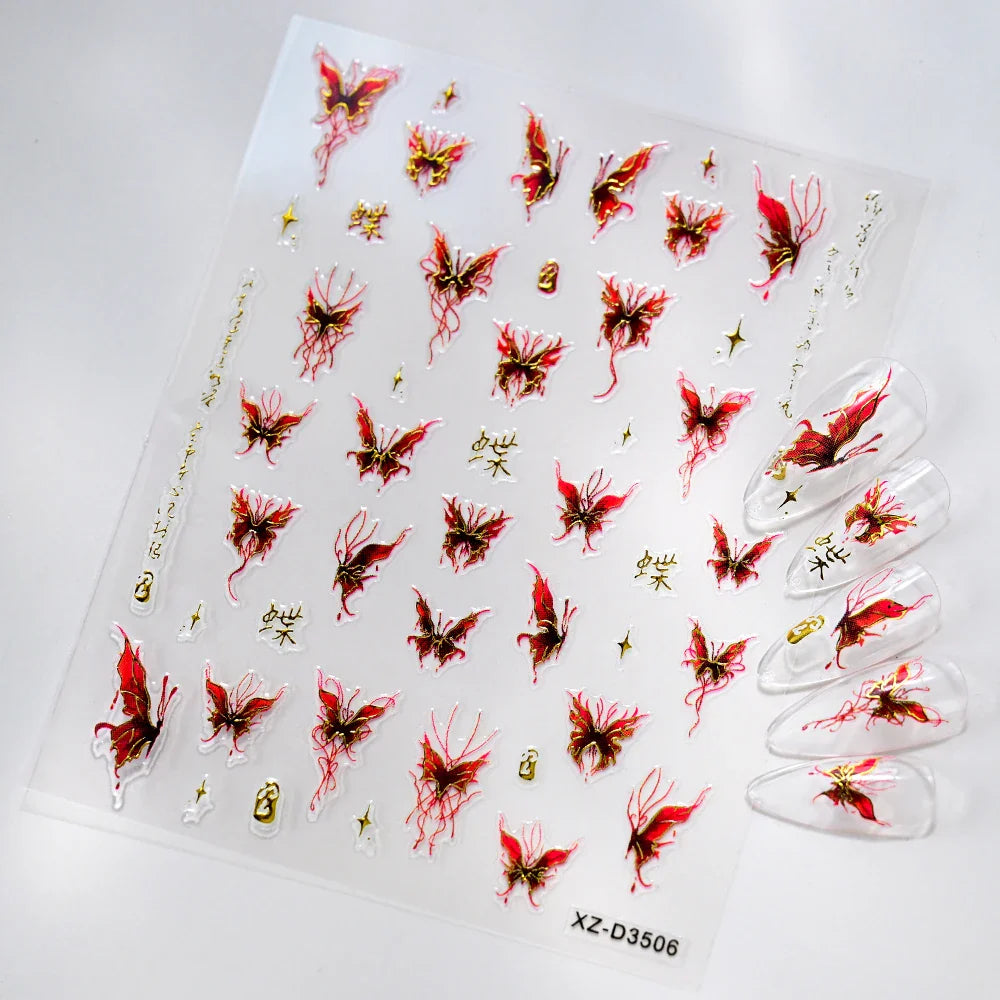 1pc Dark Red Butterfly Nail Art Stickers Retro Luxury Self Adhesive  Slider Holographic Glitter DIY 3D Nail Art Decal Decoration (ONLINE ORDER ONLY)