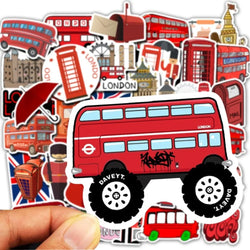 50Pcs/Lot Waterproof London Red Bus Telephone Booth PVC Stickers For Laptop Motorcycle Skateboard Luggage Decal Toy Sticker (ONLINE ORDER ONLY)