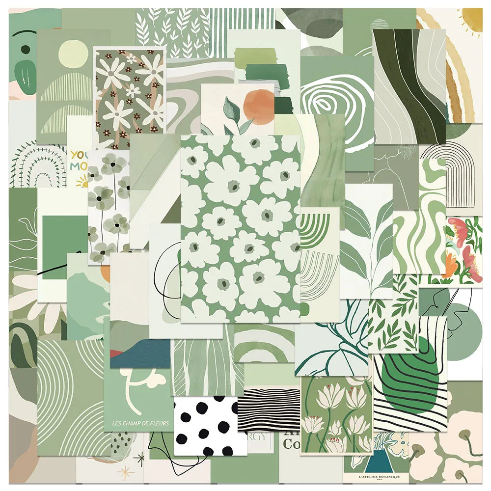 50pcs Ins Style Art Sage Green Aesthetic Stickers Water Bottle Stickers Laptop Luggage Notebook Waterproof Vinyl Car Decals (Online Order Only)