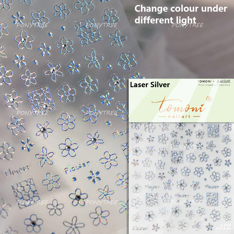 Hot Stamping Laser Silver Pink White Flower Rhinestone Pearl Irregular Petal Adhesive Nail Art Decoration Sticker Manicure Decal (ONLINE ORDER ONLY)