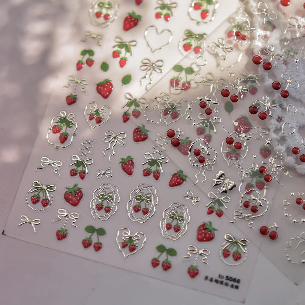 Lovely Red Fruit Strawberry Cherry Bowknot Love Heart Star Silk Ribbon Chic Rhinestone Adhesive Nail Art Stickers Manicure Decal (ONLINE ORDER ONLY)
