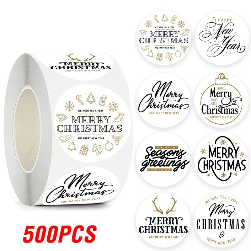 100-500pcs Merry Christmas Sticker , Round Adhesive Decoration Sticker for Cards Envelope Seal Xmas Gift Wraps Box Bags (ONLINE ORDER ONLY)
