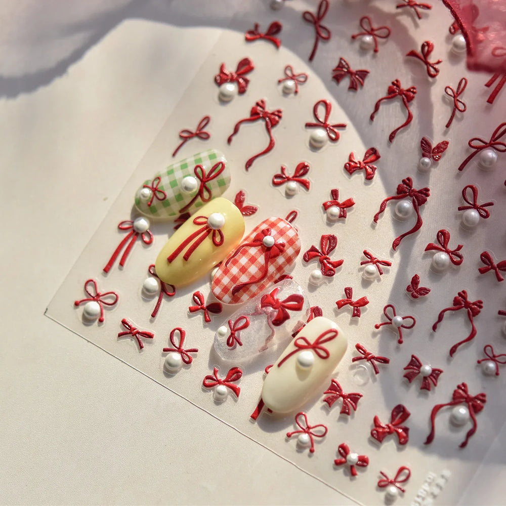 Simple Line Bowknot Red Gold Silver Laser Pink Hot Stamping 3D Self Adhesive Nail Art Stickers Pearl Rhinestone Manicure Decals (ONLINE ORDER ONLY)