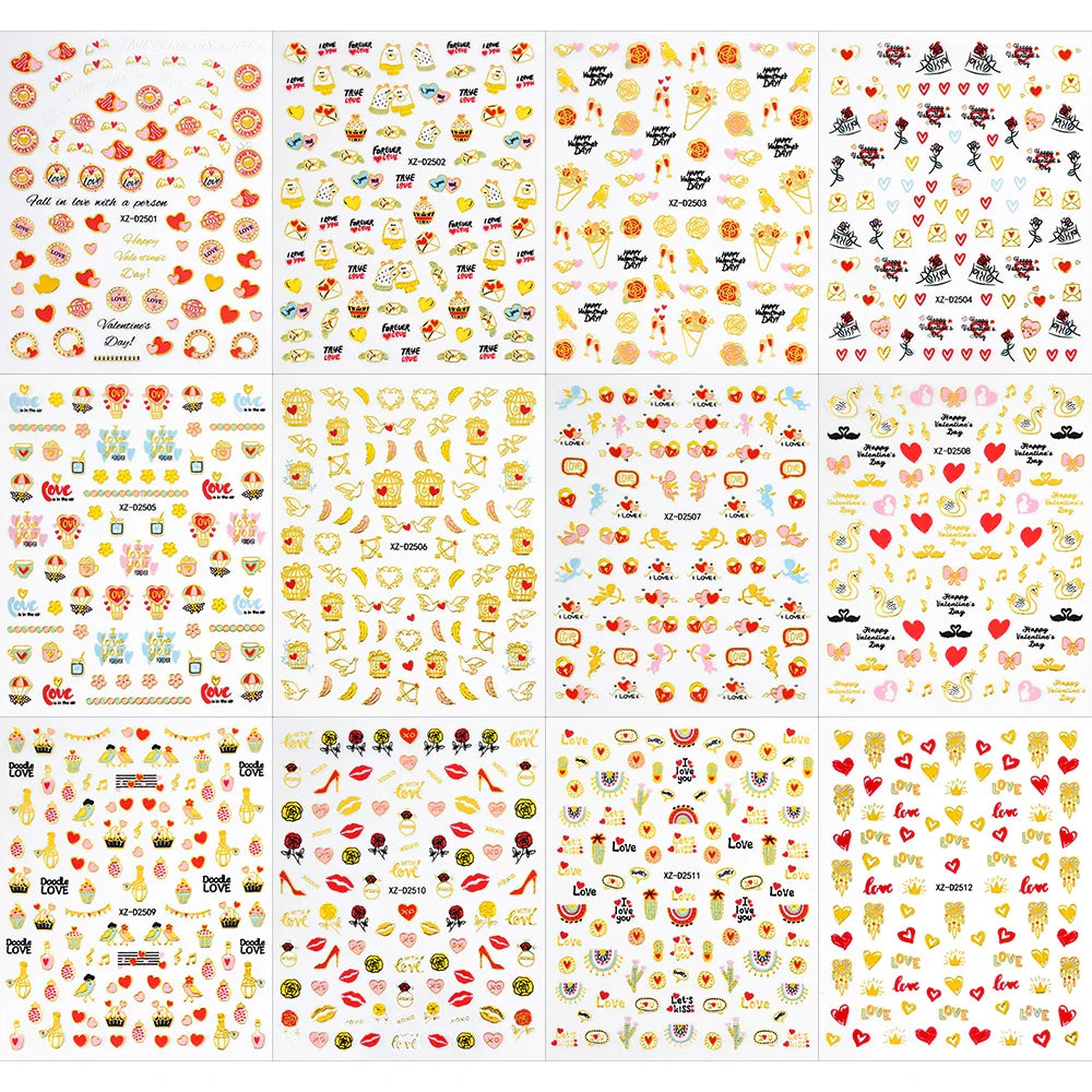 12Pcs 3D Golden Red Glitter Heart Love Nail Sticker Valentine Self Adhesive Cartoon Decal Geometry Lines Stripe Slider Manicure* (ONLINE ORDER ONLY)