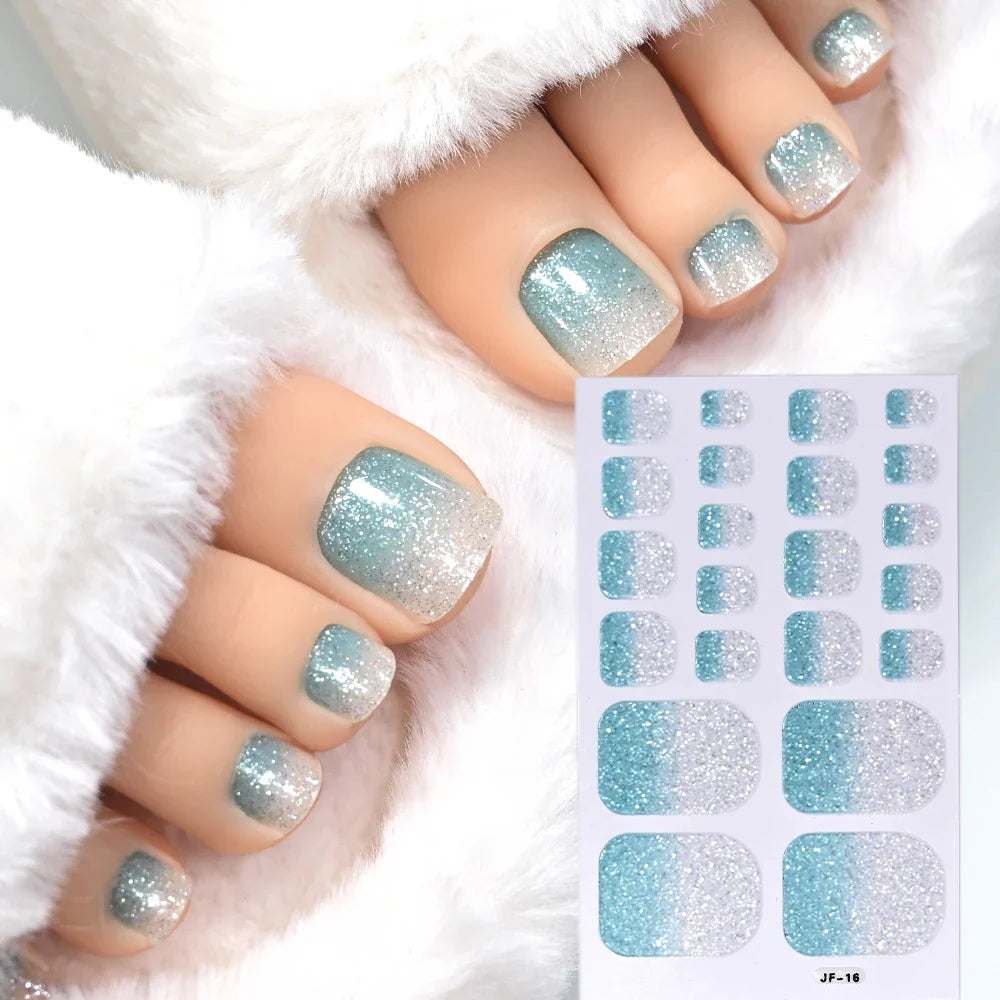 22Tips Pink Red Glitter Design Baking-free Toenail Stickers Solid Color Adhesive Full Cover Toe Nail Strip Slider Manicure Decal (ONLINE ORDER ONLY)