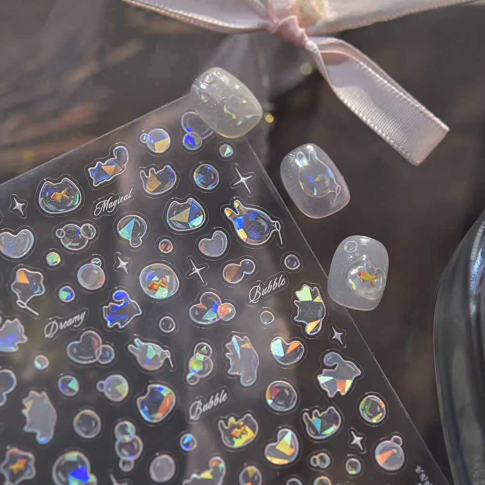 Blow Bubbles Goldfish Cat Kitten Water Love Heart Star Rabbit Bunny Self Adhesive Nail Art Decorations Stickers Manicure Decals (Online Order Only)