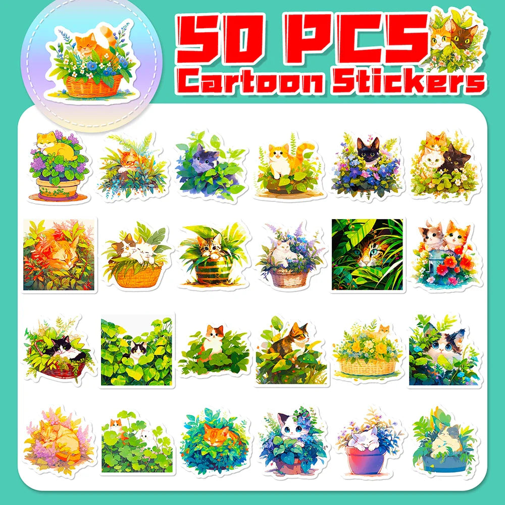 10/30/50PCS Cartoon Plant Cat Stickers Cute Animals Decals Decoration DIY Phone Notebook Laptop Luggage Helmet Car Sticker Toys (ONLINE ORDER ONLY)