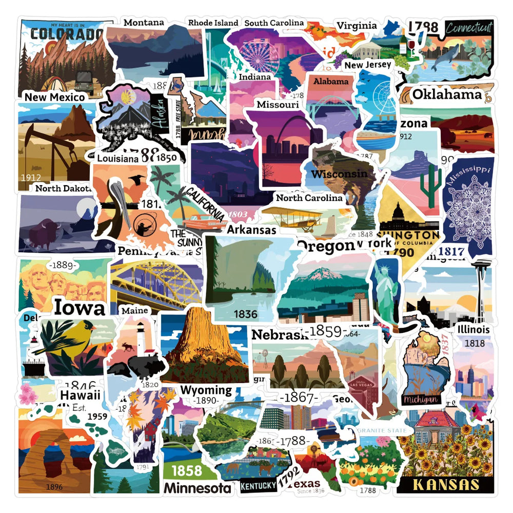 US Map Cartoon Graffiti Stickers Waterproof Decals for Scrapbook, Skateboard, Suitcase, Motorcycle, Water Bottle (10/30/50pcs) (ONLINE ORDER ONLY)