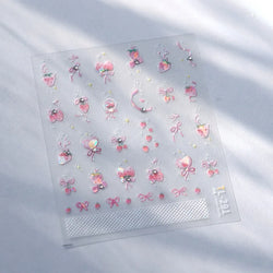 Cute Pink Strawberry Bowknot Star Lesbian Ribbon Fluttering Fruit Rhinestone Relief Adhesive Nail Art Stickers Manicure Decals (ONLINE ORDER ONLY)