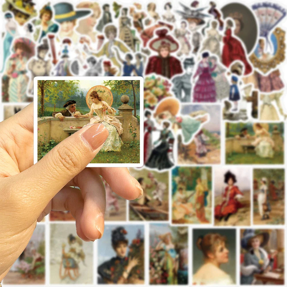 52Pcs Cartoon Retro Victorian Art Series Stickers PVC Waterproof Sticker Decals For Scrapbook Laptop Bottle Toys Gift (ONLINE ORDER ONLY)