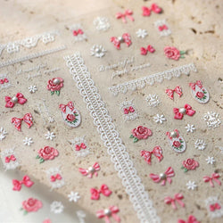 French Chic Mini Pink Rose Flower Bowknot Lace Ribbon Pearl White Little Flower Self Adhesive Nail Art Stickers Manicure Decals (ONLINE ORDER ONLY)
