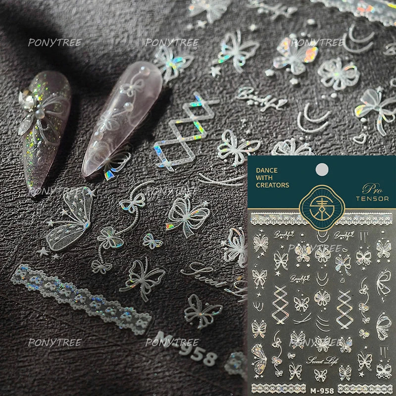 Shiny Butterfly Lace Line Bowknot Silk Ribbon Star Love Heart Fantasy Delicate Chic Adhesive Nail Art Stickers Manicure Decals (Online Order Only)