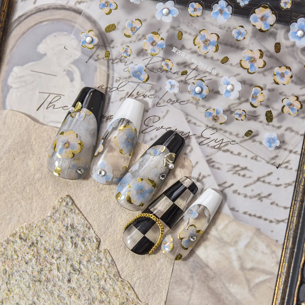 Retro Flowers Petal Pearl Rhinestones Halo Dyeing Chic Daisy Vintage Gold Foil  Floral Designs Nail Art Stickers Manicure Decals (ONLINE ORDER ONLY)