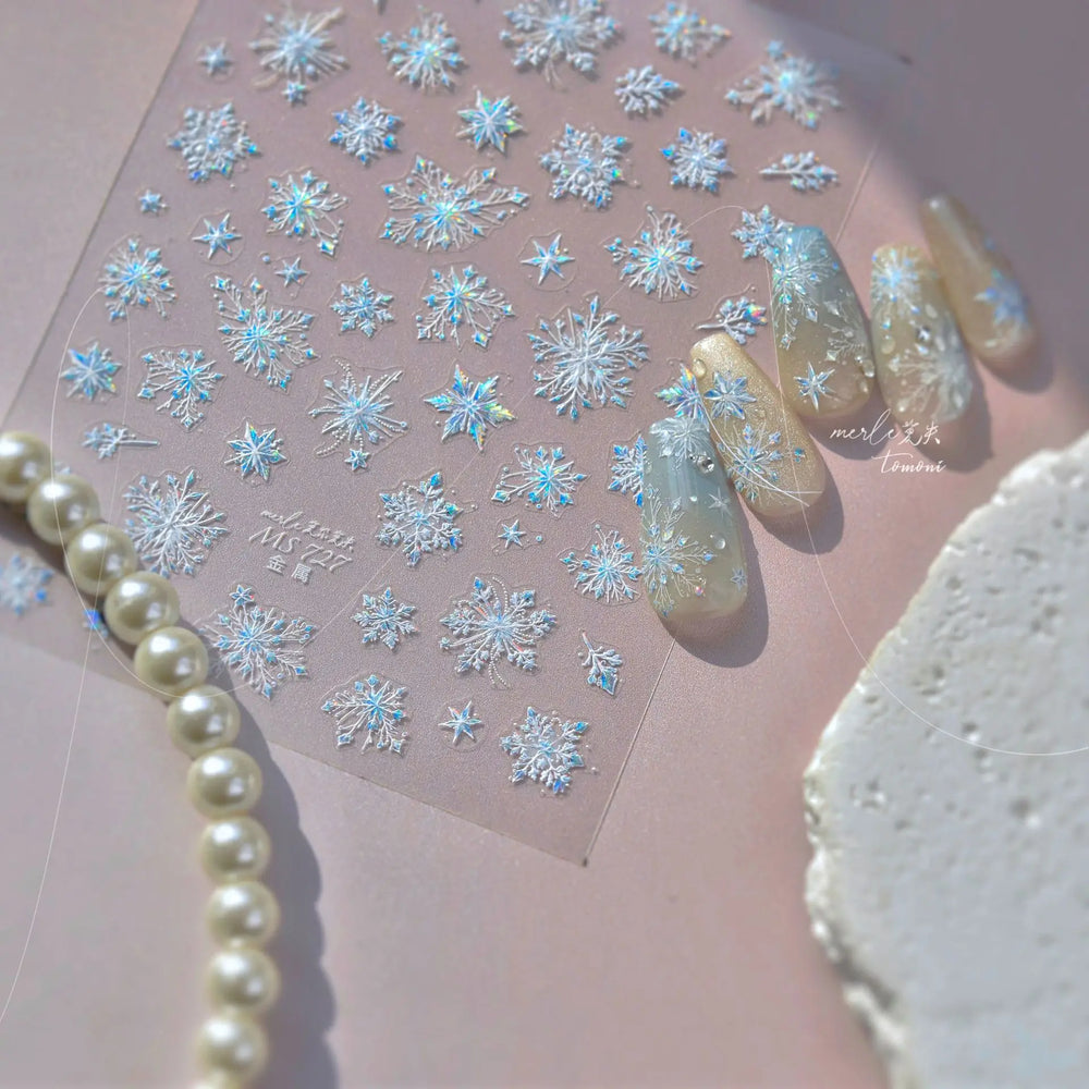 Flying Snowflakes Cold Winter Geometric Hexagon Star Romantic Adhesive Nail Art Stickers Embossment Rhinestone Manicure Decals (ONLINE ORDER ONLY)