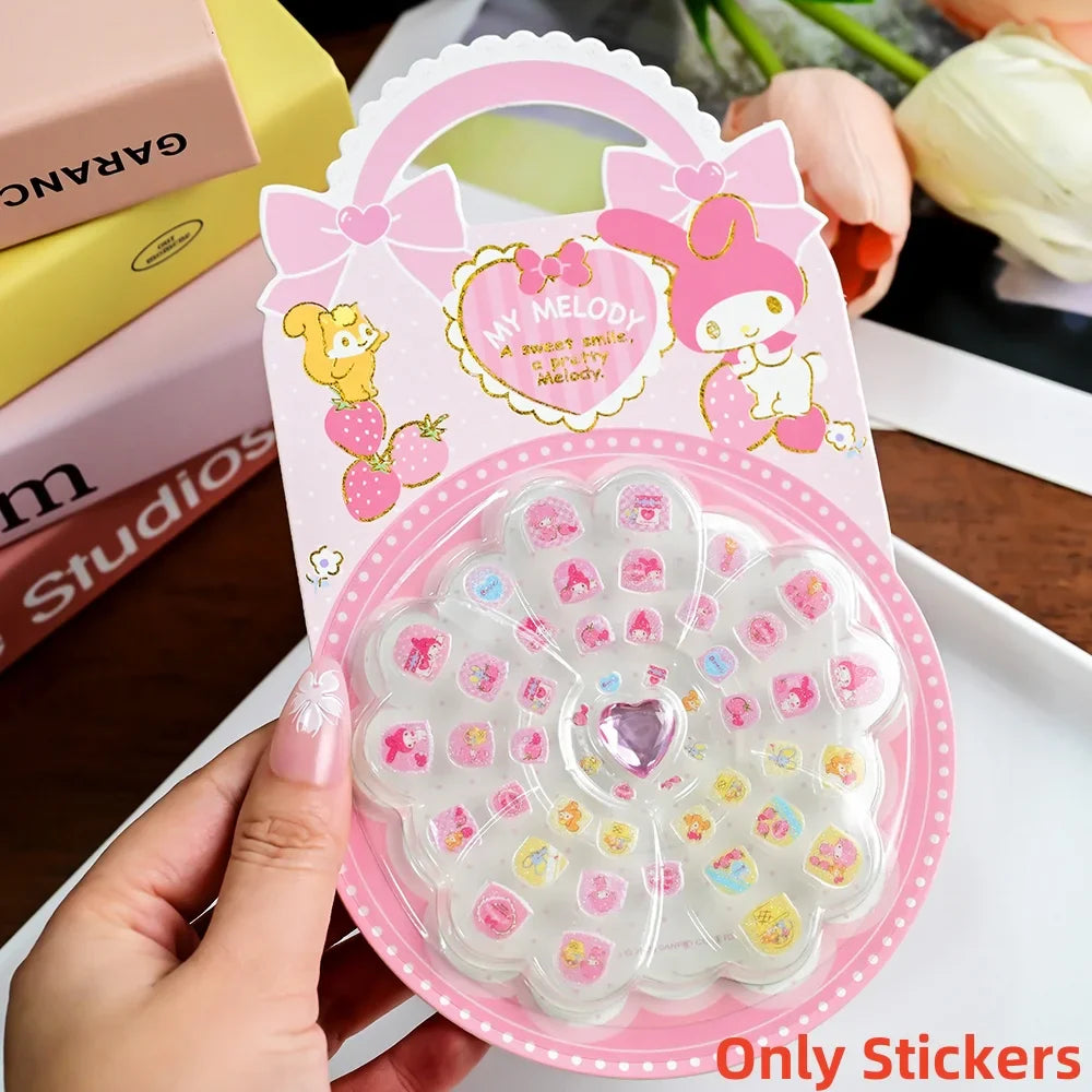 1Set(12Pcs+Jelly Glue+Stickers+Hairpin) Children Acrylic Fake Nails Kuromi Mymelody Cinnamoroll Fake Nails Non-Toxic Kid Gifts * (Online Order Only)
