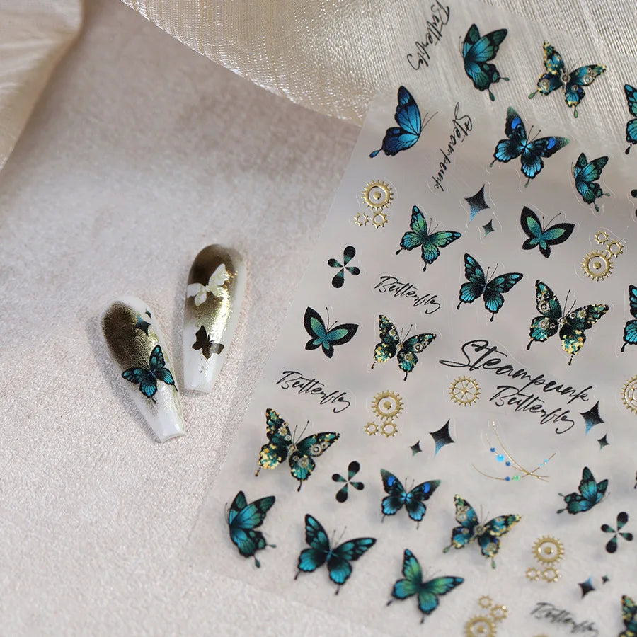 Steam Punk Butterfly Gear Green Star Gold Stamping Self Adhesive Nail Art Decoration Stickers Illusion Polarized Manicure Decals (ONLINE ORDER ONLY)
