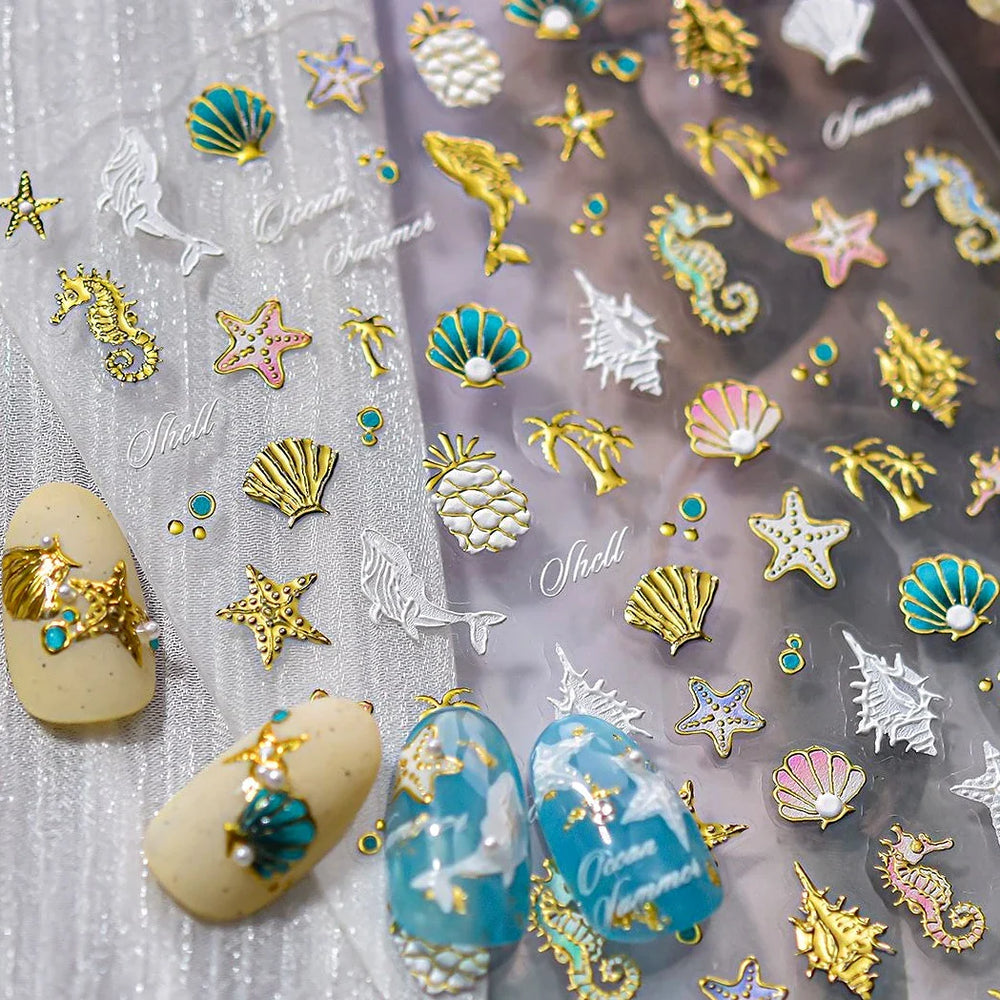 Hot Stamping Seahorse Dolphin Shell Conch Starfish Coconut Tree Jackfruit Water Bubbles Ocean Nail Art Stickers Manicure Decals (ONLINE ORDER ONLY)