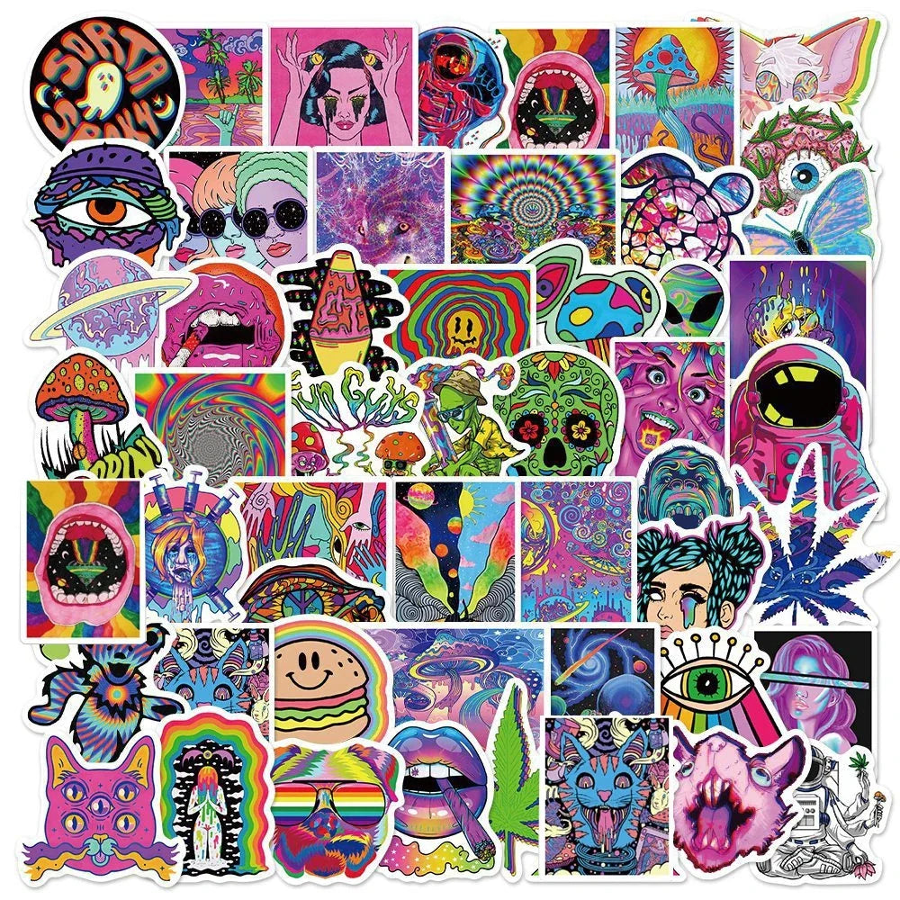 10/30/50PCS Art Psychedelic Graffiti Stickers Aesthetic Cartoon Kid Toys Decals Luggage Helmet Laptop Guitar Waterproof Sticker (ONLINE ORDER ONLY)