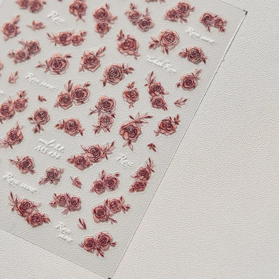 Gradient Halo Dyeing Dark Red Rose Flower Rhinestone Lace Bow Heart 3D Self Adhesive Nail Art Decoration Sticker Manicure Decals (ONLINE ORDER ONLY)