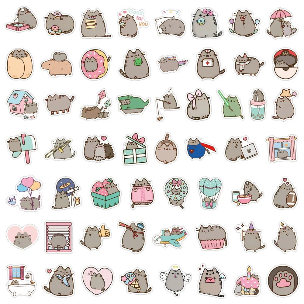 10/30/55/110PCS Cute Pusheen Stickers Cartoon Cat Decals Kawaii Animation Sticker Laptop Phone Guitar Bike Skateboard Kids Toys (Online Order Only)