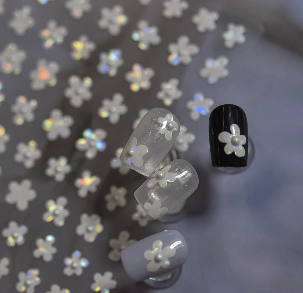 Hot Stamping Laser Silver Pink White Flower Rhinestone Pearl Irregular Petal Adhesive Nail Art Decoration Sticker Manicure Decal (ONLINE ORDER ONLY)
