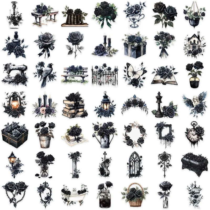 50PCS Kawaii Black Rose PET Sticker Aesthetic Transparent Decoration Scrapbooking Stationery DIY Hand Accounting Supplies (ONLINE ORDER ONLY)