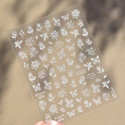 Flower Bowknot Butterfly Plant Leaf English Letter Rose Hand Drawn Embossed Relief Self Adhesive Nail Art Sticker Manicure Decal (ONLINE ORDER ONLY)