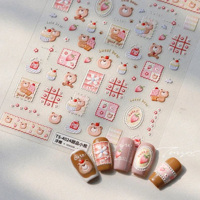 Sweet Dessert Cute Bear Cake Apple Flower Strawberry Jam Lace Line Bear Footprints Adhesive Nail Art Stickers Manicure Decals (ONLINE ORDER ONLY)