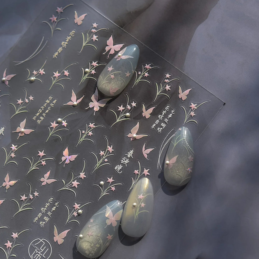 Vigorous Pink Orchid Cymbidium Antique Fragrant Thoroughwort Grass Butterfly Adhesive Nail Art Sticker Plant 3D Manicure Decals (ONLINE ORDER ONLY)