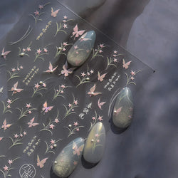 Vigorous Pink Orchid Cymbidium Antique Fragrant Thoroughwort Grass Butterfly Adhesive Nail Art Sticker Plant 3D Manicure Decals (ONLINE ORDER ONLY)