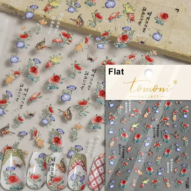 Pale Flower Bouquet Label Bowknot Stationery Sunflower Daisy Leaf 3D Self Adhesive Nail Art Stickers Rhinestone Manicure Decals (Online Order Only)