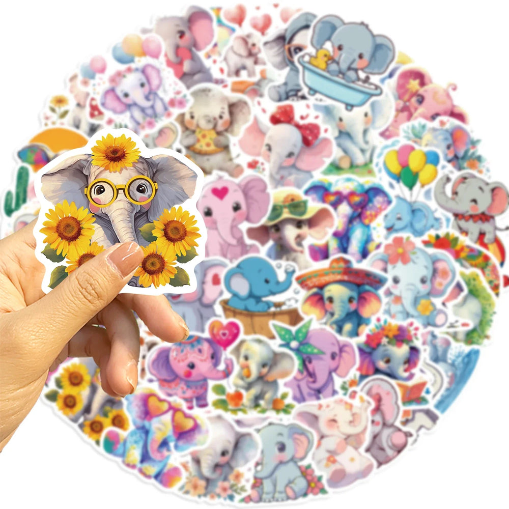 50pcs Elephant Stickers Pack Cute Animal Stickers Kawaii Stickers for Water Bottles Laptop Luggage Cartoon Waterproof Sticker (Online Order Only)