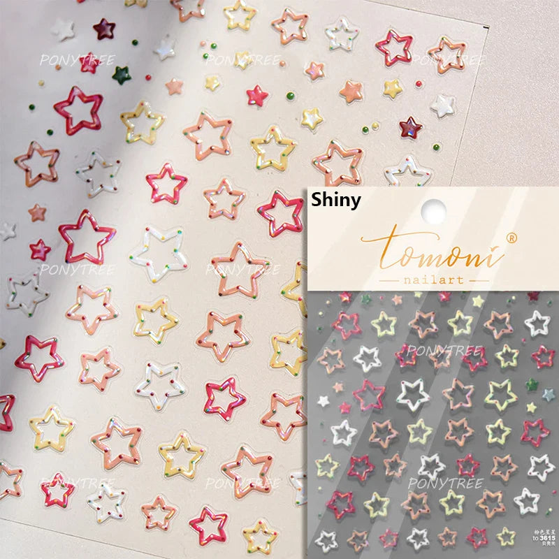 Punk Star Shiny Laser Five-pointed Star White Black Pink Hollow Out Delicate Sparkle Adhesive Nail Art Stickers Manicure Decals (ONLINE ORDER ONLY)