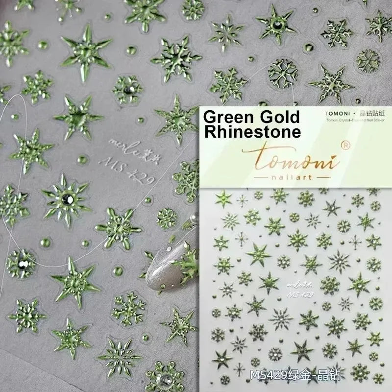 Hot Stamping Romantic White Gold Snowflakes Hexagon Winter 3D Self Adhesive Nail Art Stickers Shiny Rhinestone Manicure Decals (Online Order Only)