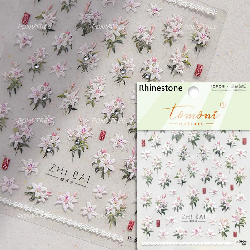 Spotless Lily Lilium Flowers Moon Pearl Crown Lily-white Pearl Necklace Pendant Self Adhesive Nail Art Stickers Manicure Decals (Online Order Only)
