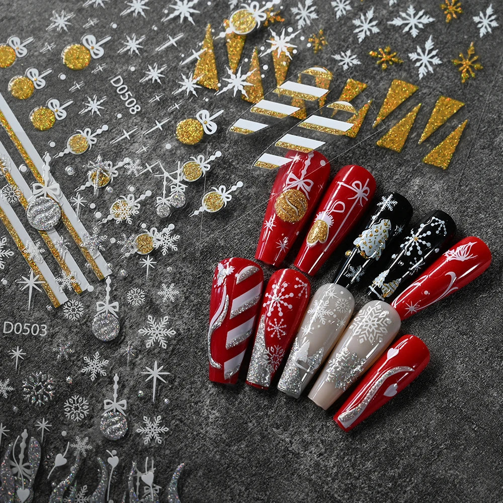 1pc Christmas Nail Sticker 3D Gold Glitter Snowflake Elk Penguin Bells Design Adhesive Nail Slider Decals Winter Manicure Decor* (Online Order Only)