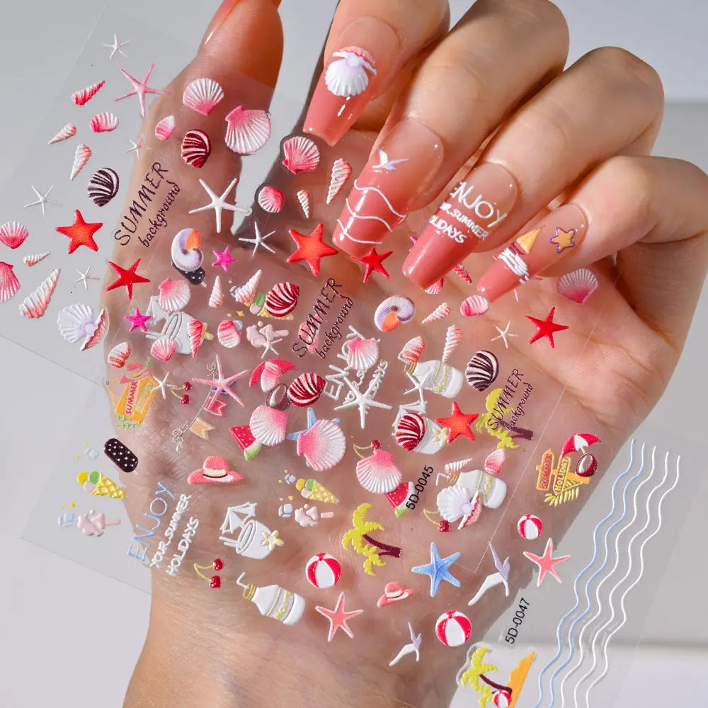 Summer Sea Shell 5D Nail Art Sticker Tropical Beach Coconut Slippers Decals Embossed  Conch Starfish Ocean Theme Nail Art Decor* (ONLINE ORDER ONLY)
