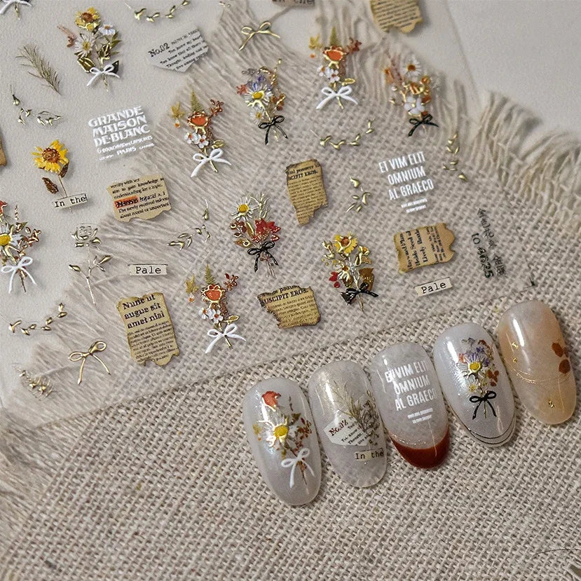Pale Flower Bouquet Label Bowknot Stationery Sunflower Daisy Leaf 3D Self Adhesive Nail Art Stickers Rhinestone Manicure Decals (Online Order Only)