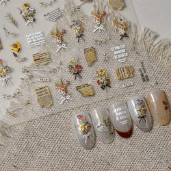 Pale Flower Bouquet Label Bowknot Stationery Sunflower Daisy Leaf 3D Self Adhesive Nail Art Stickers Rhinestone Manicure Decals (Online Order Only)