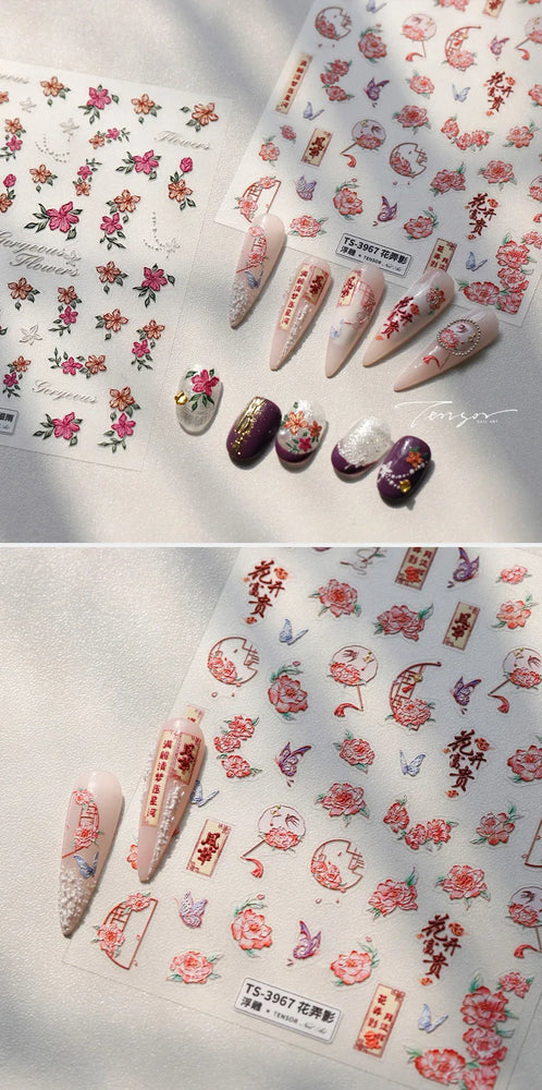 Bloomy Water Side Flower Delicate and Charming Peach Blossom Rose Garden Adhesive Nail Art Decorations Sticker Manicure Decals (ONLINE ORDER ONLY)