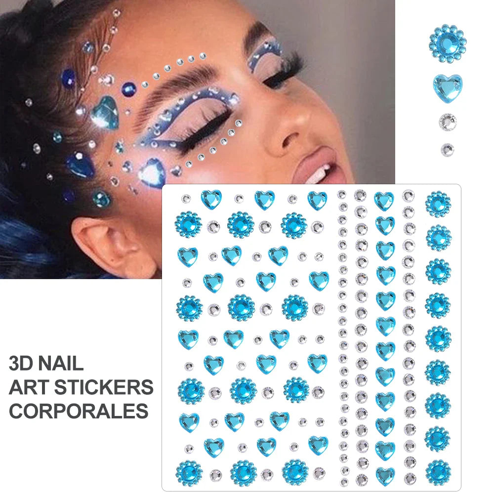 5Pcs Coloful Glitter Face Jewelry Sticker Crystal Eye Body Face Jewels Bady Makeup Tools Temporary Self-Adhesive Nail Rhinestone (ONLINE ORDER ONLY)