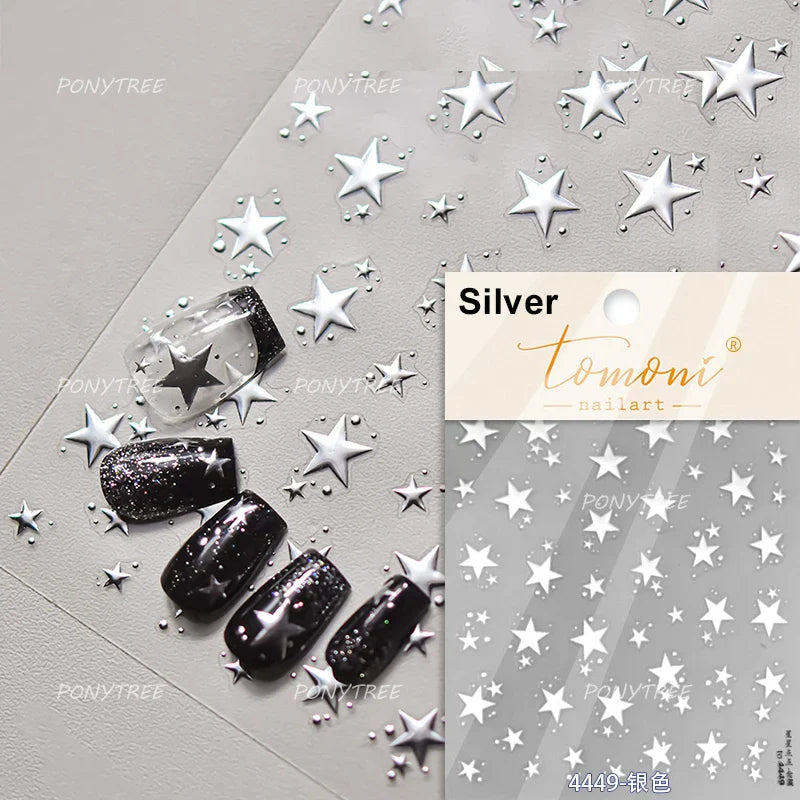 Irregular Stars Red Silver Five-pointed Star Meteor Shiny 5D Self Adhesive Nail Art Stickers Romantic Rhinestone Manicure Decals (ONLINE ORDER ONLY)