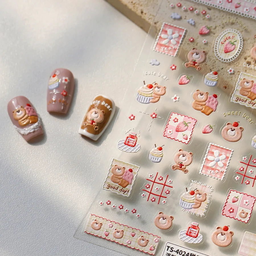 Sweet Dessert Cute Bear Cake Apple Flower Strawberry Jam Lace Line Bear Footprints Adhesive Nail Art Stickers Manicure Decals (ONLINE ORDER ONLY)