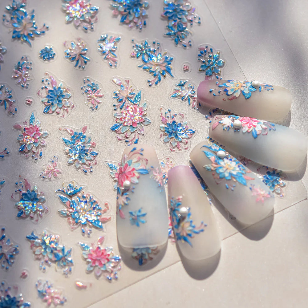Delicate Shiny Pink Flower Blue Hairpin with Flower Decoration Self Adhesive Nail Art Stickers Pearl Rhinestone Manicure Decals (Online Order Only)
