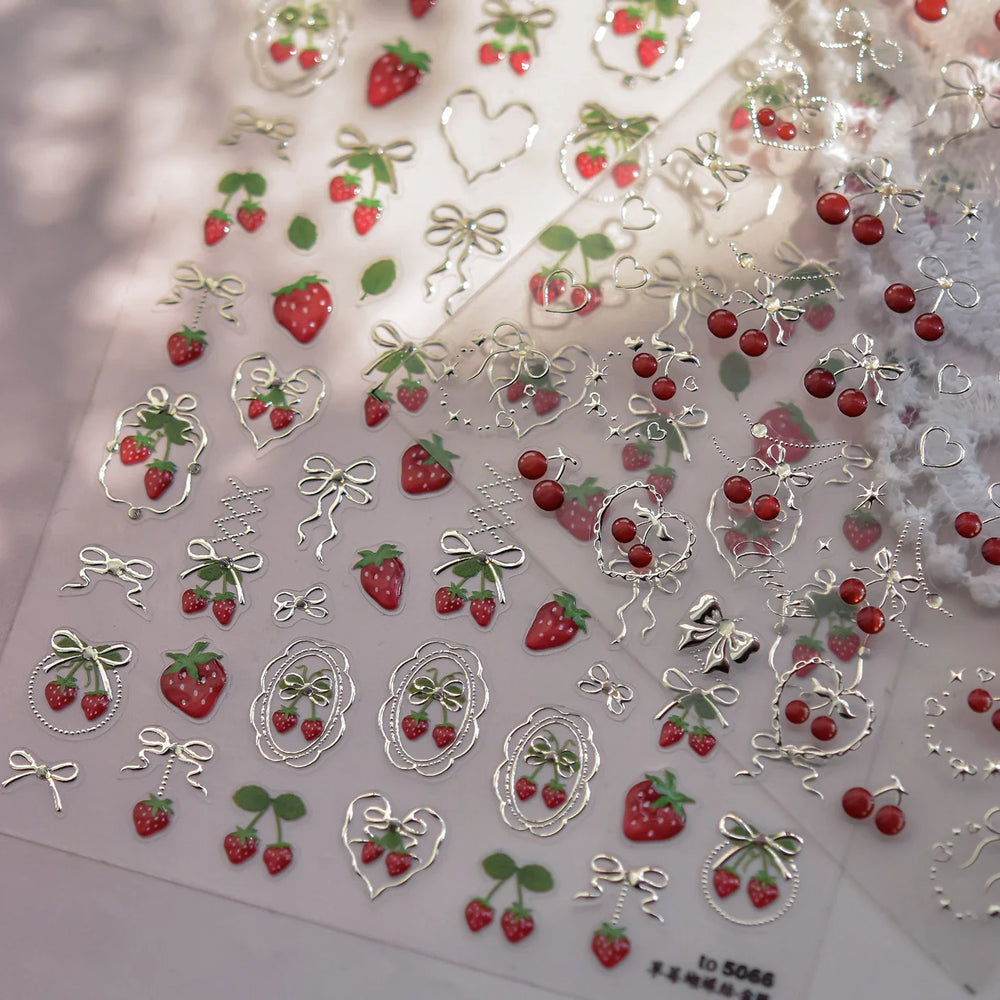 Lovely Red Fruit Strawberry Cherry Bowknot Love Heart Star Silk Ribbon Chic Rhinestone Adhesive Nail Art Stickers Manicure Decal (ONLINE ORDER ONLY)