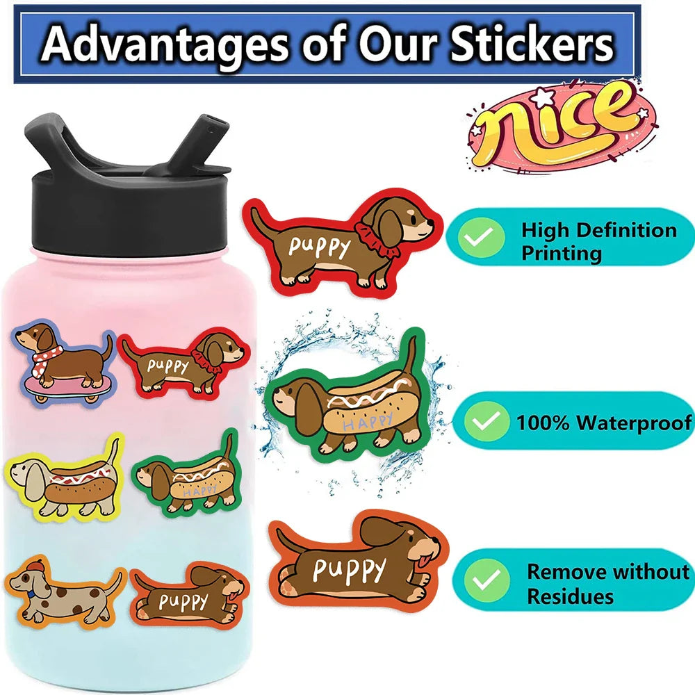 50Pcs Cartoon Dachshund Graffiti Stickers for DIY Desk Guitar Computer Refrigerator Creative Sausage Dog Waterproof Sticker﻿ (ONLINE ORDER ONLY)