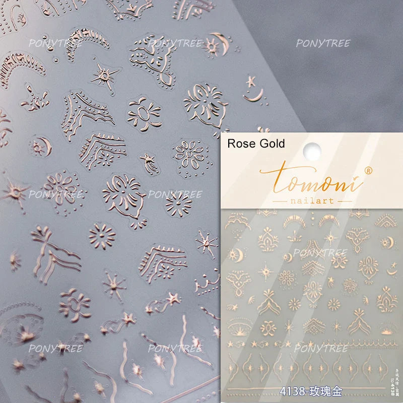 Gold Stamped Silver Totems Geometric Patterns Figure 5D Self Adhesive Nail Art Stickers Stars Bohemia Manicure Decals Wholesale (Online Order Only)