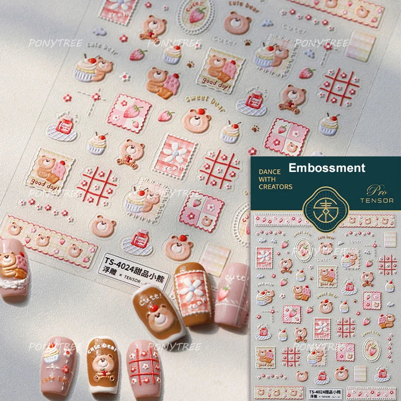 Sweet Dessert Cute Bear Cake Apple Flower Strawberry Jam Lace Line Bear Footprints Adhesive Nail Art Stickers Manicure Decals (ONLINE ORDER ONLY)